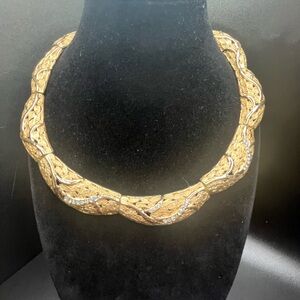 Vintage gold tone statement choker necklace rhinestone textured collar